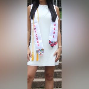 White dress, button behind neck